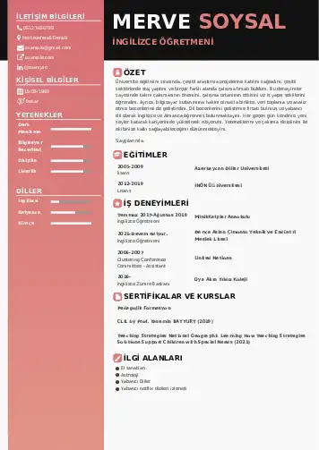 Yabancı Dil Öğretmeni Cv Örnekleri cv indir
